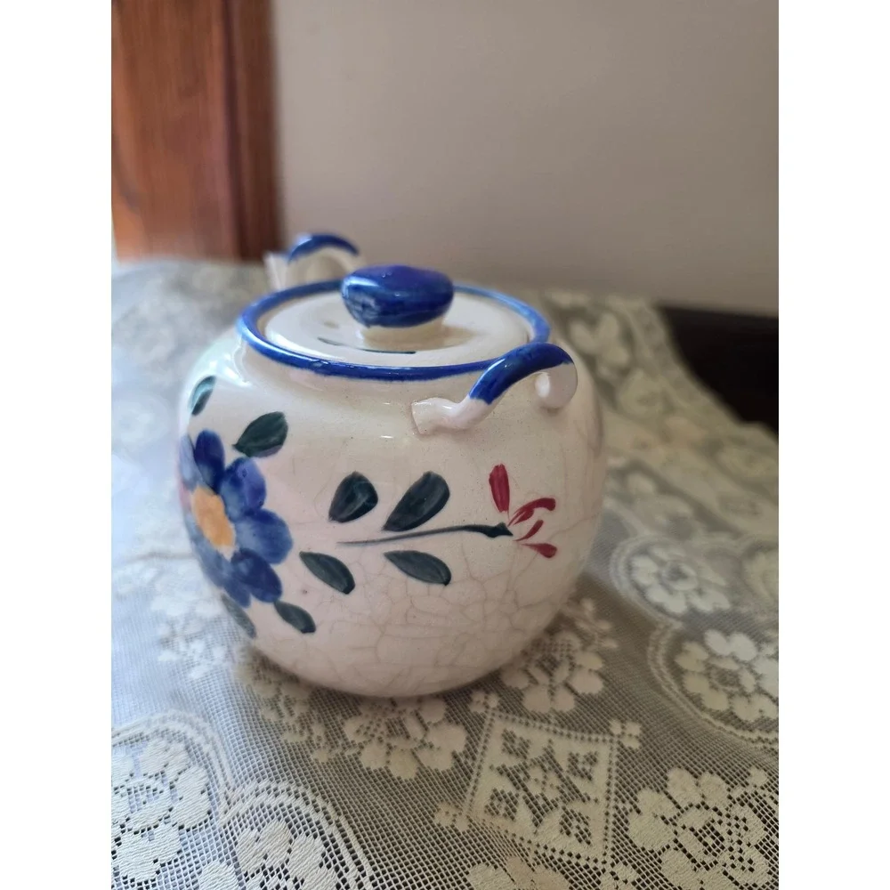 Vtg Made in Japan Hand Painted Flower Tea Pot Blue Red Floral Crazing Glaze
